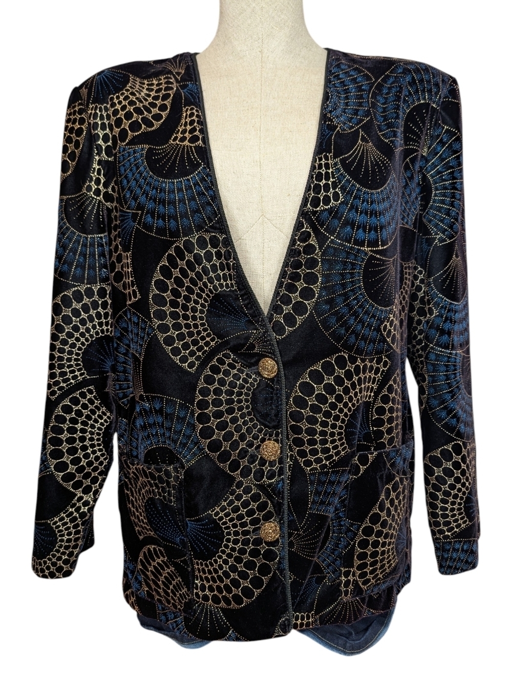 Vintage Alia Velvet Burnout Jacket Blue Gold Made in Canada Size 14